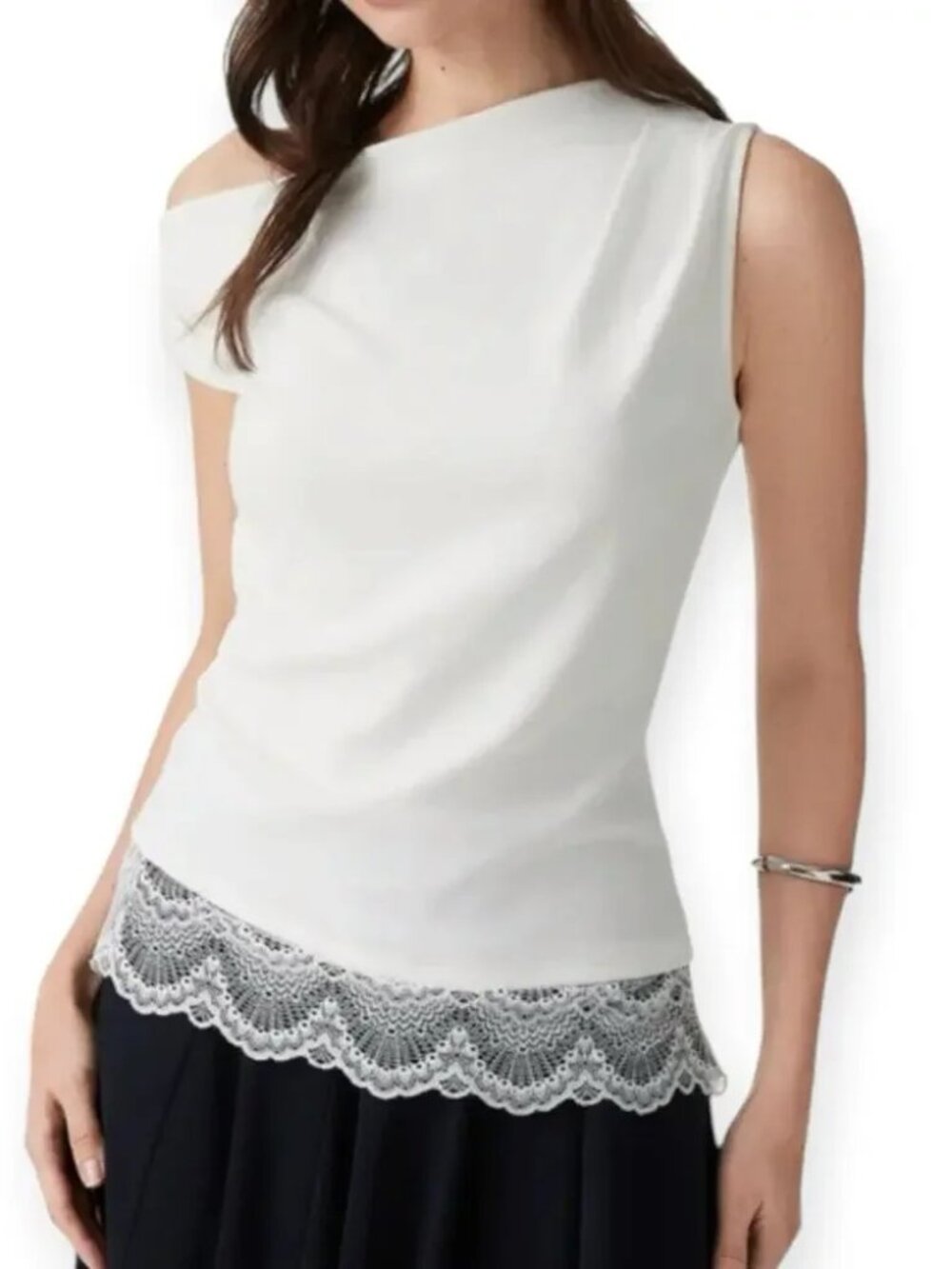 NWT OGL Lace Trim Asymmetrical Shoulder Top White XL